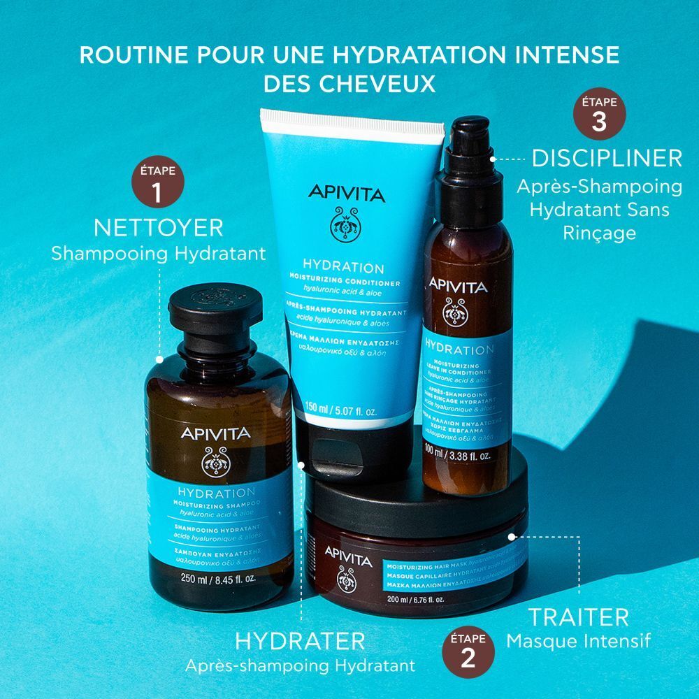 Différents produits APIVITA HYDRATION. Shampooing, après-shampooing, masque et soin sans rinçage.