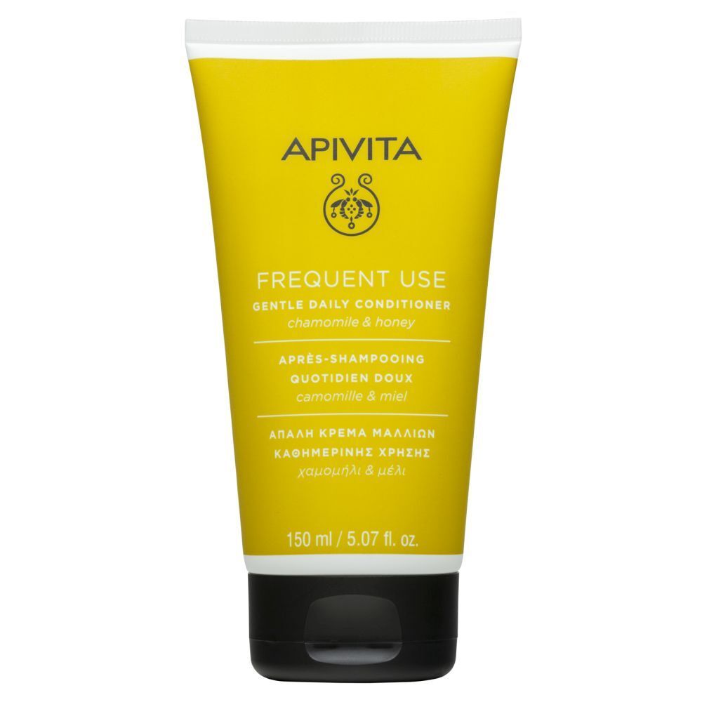 Tube jaune avec bouchon blanc. Inscription: Apivita, Frequent Use, Gentle Daily Conditioner. 150 ml.
