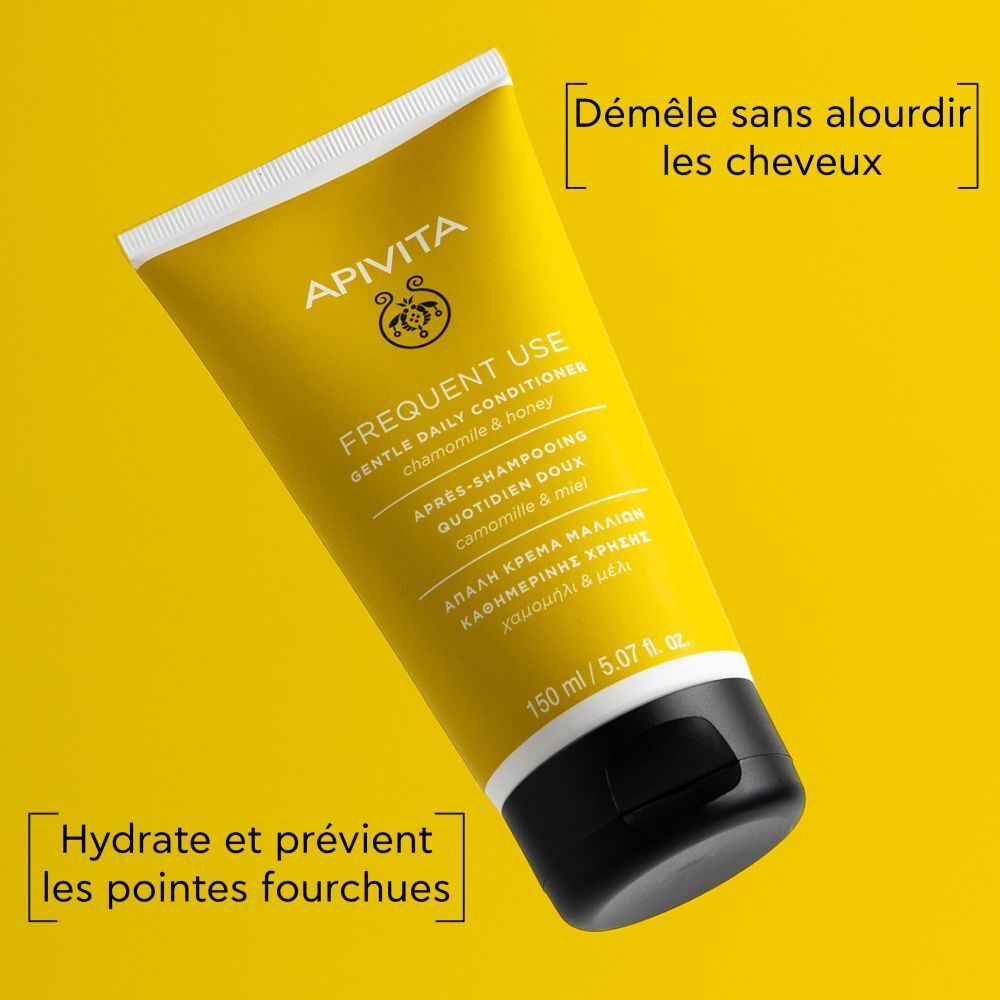 Tube jaune, texte: Apivita, Frequent Use, Gentle Daily Conditioner. Textes: Hydrate et prévient les pointes fourchues.