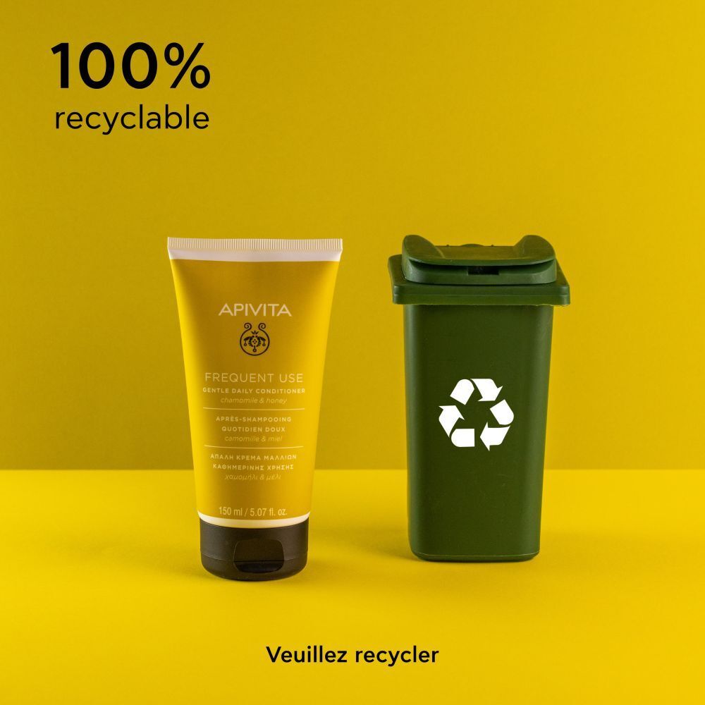 Tube jaune à côté d'une poubelle verte avec symbole de recyclage. Texte: 100% recyclable.