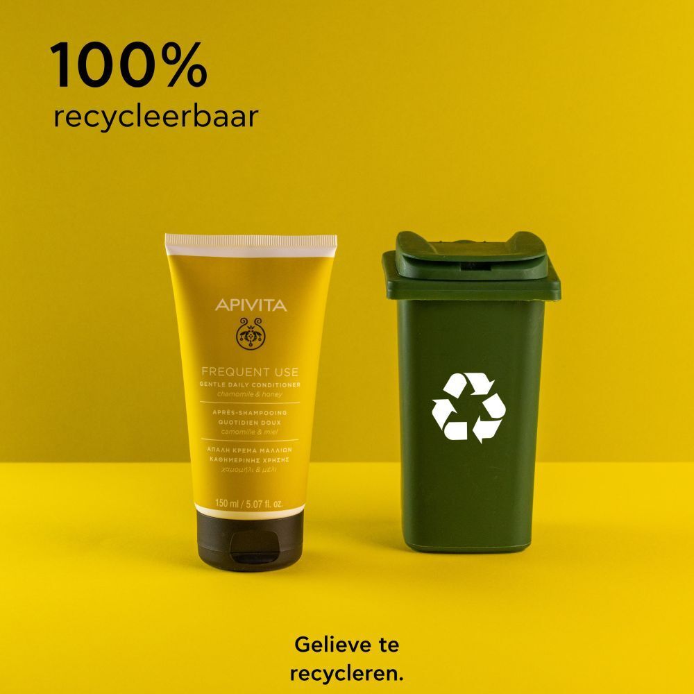 Gele tube naast een groene vuilnisbak met recyclagesymbool. Tekst: 100% recyclebaar.