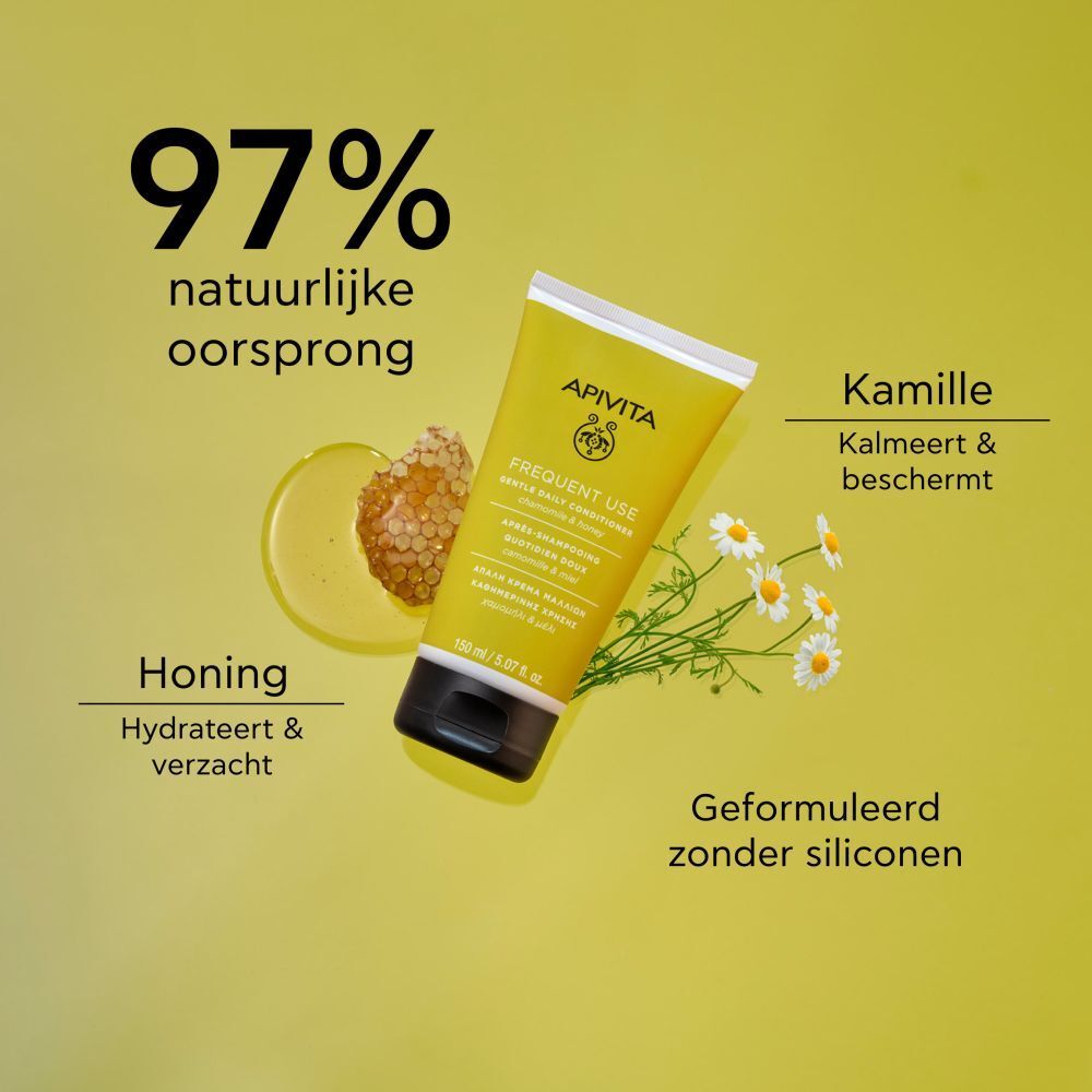 Gele tube, ernaast honing, kamille en bloemen. Tekst: 97% natuurlijke oorsprong.
