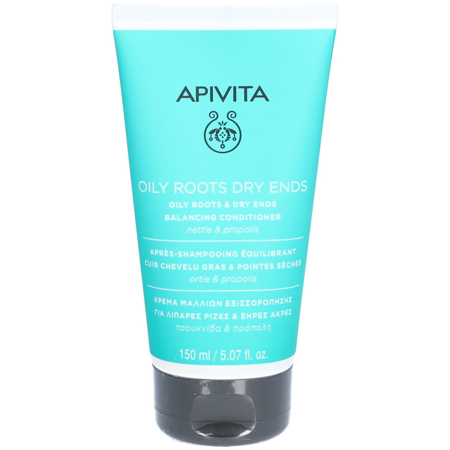 Türkisfarbene Tube mit schwarzem Verschluss. Aufschrift: APIVITA, OILY ROOTS DRY ENDS, Balancing Conditioner. Enthält Brennnessel und Propolis.