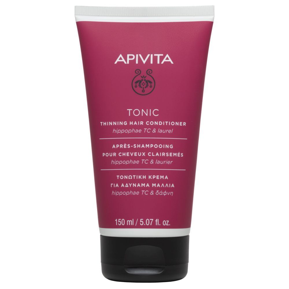 Tube rose avec bouchon noir. Contient "APIVITA Tonic Thinning Hair Conditioner".