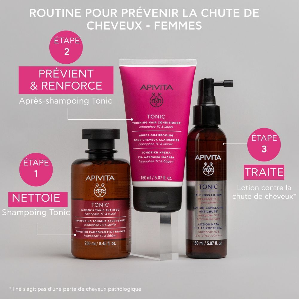 Trois produits : shampooing, après-shampooing et lotion. Tube rose avec bouchon noir.