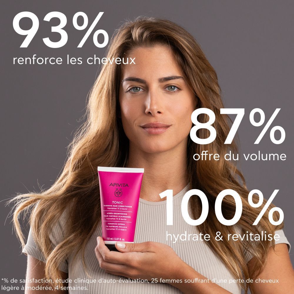 Femme avec produit. Texte : 93% renforce les cheveux, 87% volume, 100% hydrate.