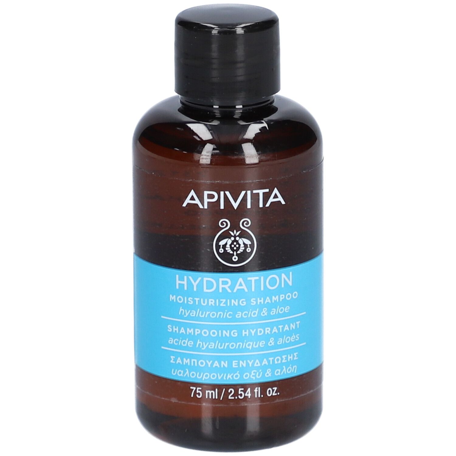 Flacon marron avec bouchon noir. Inscription: APIVITA, HYDRATION, shampooing hydratant.