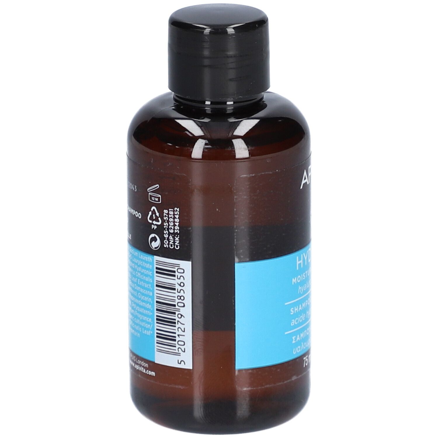 Flacon marron avec bouchon noir. Inscriptions et informations au dos.