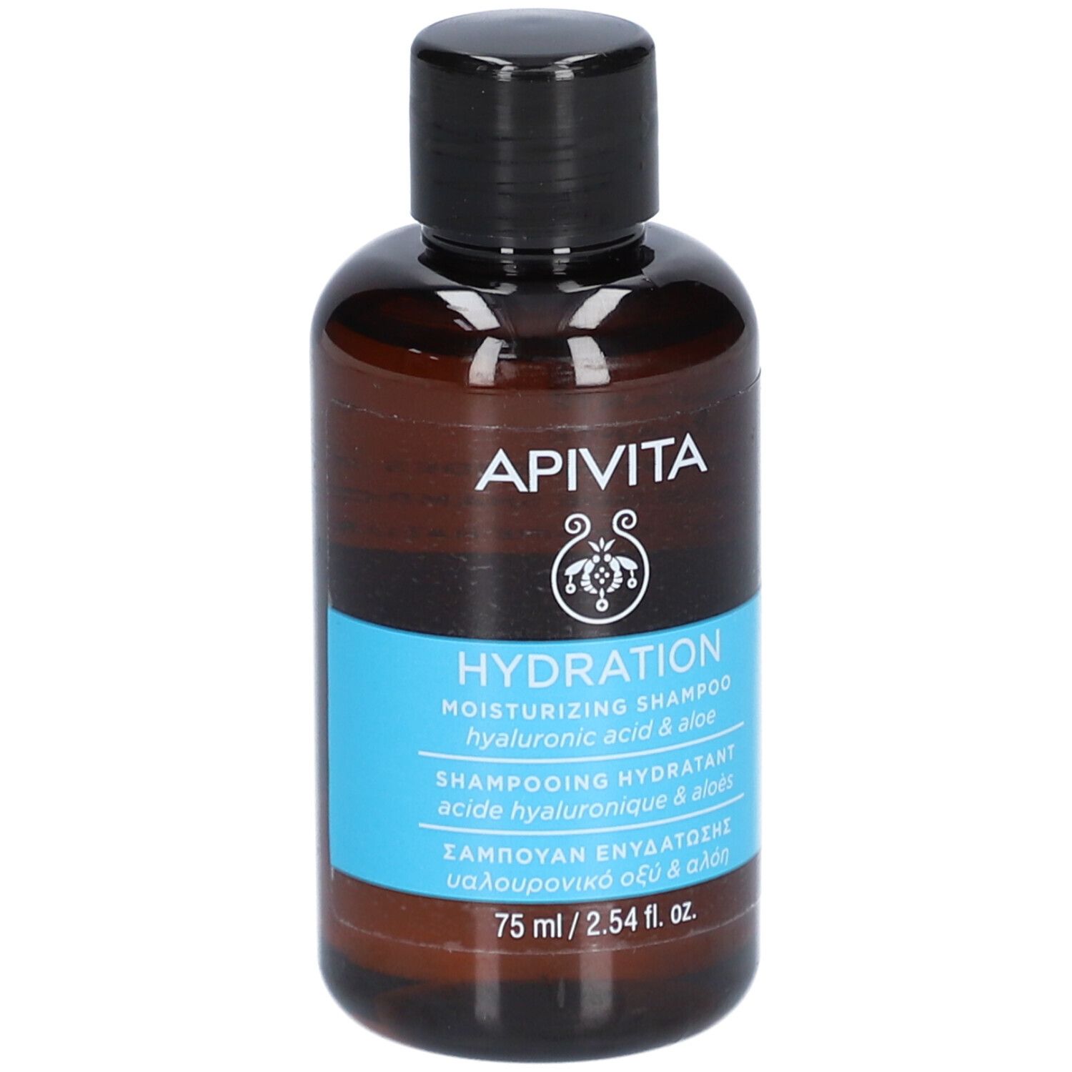 Flacon marron avec bouchon noir. Inscription: APIVITA, HYDRATION, shampooing hydratant.