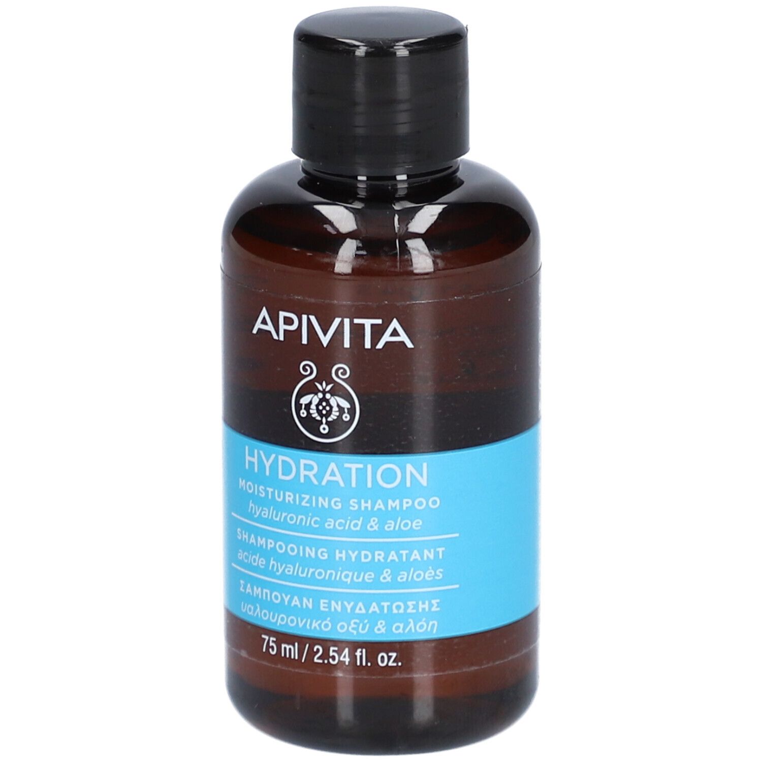 Flacon marron avec bouchon noir. Inscription: APIVITA, HYDRATION, shampooing hydratant.