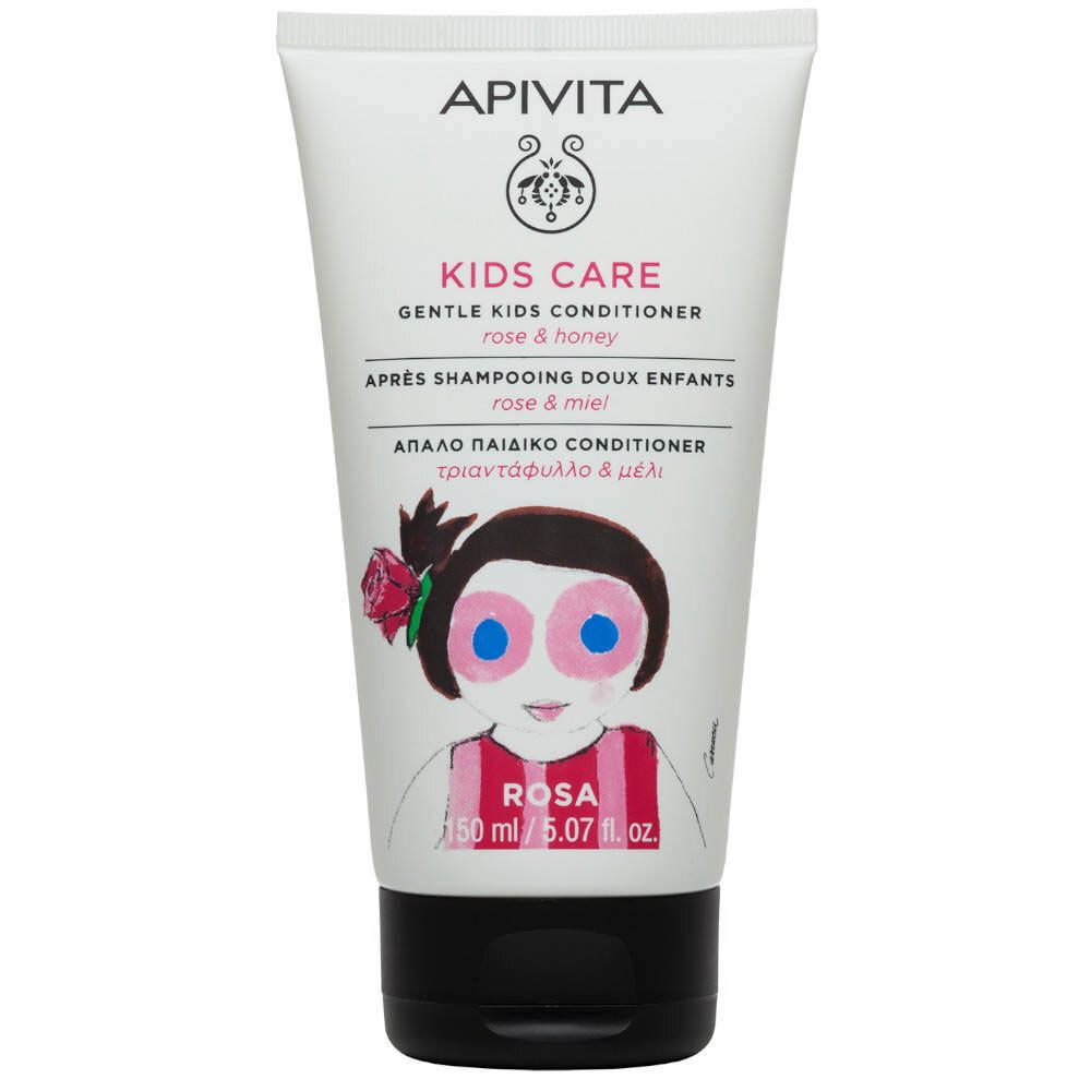 Apivita Kids Care Conditioner. Tubo bianco con tappo nero. Scritta "KIDS CARE", illustrazione di una bambina con una rosa.