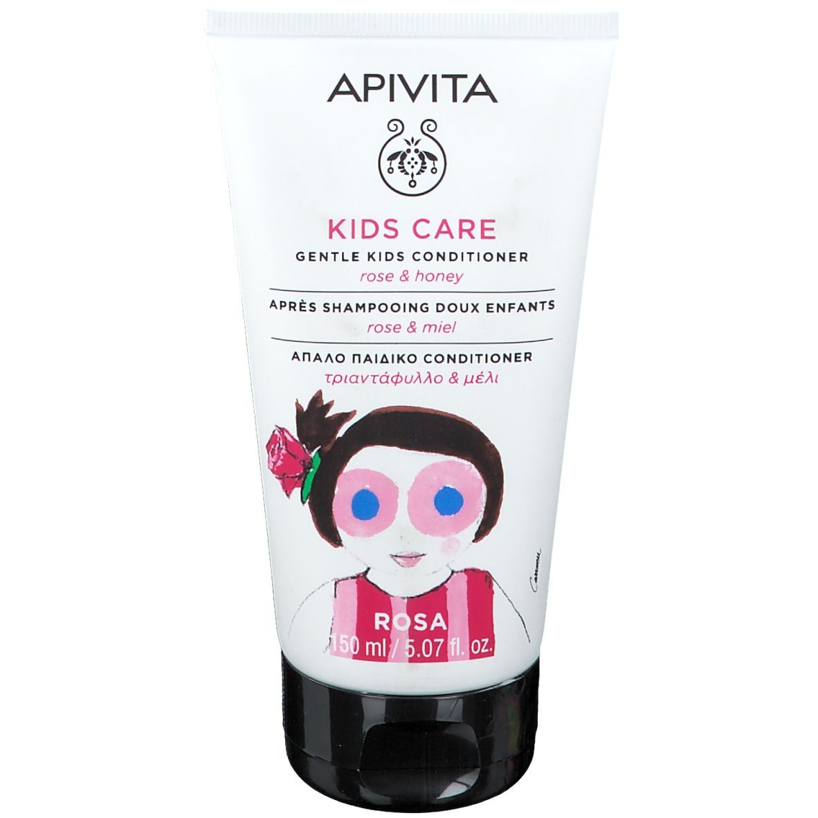 Apivita Kids Care Conditioner. Tubo bianco con tappo nero. Scritta "KIDS CARE", illustrazione di una bambina con una rosa.
