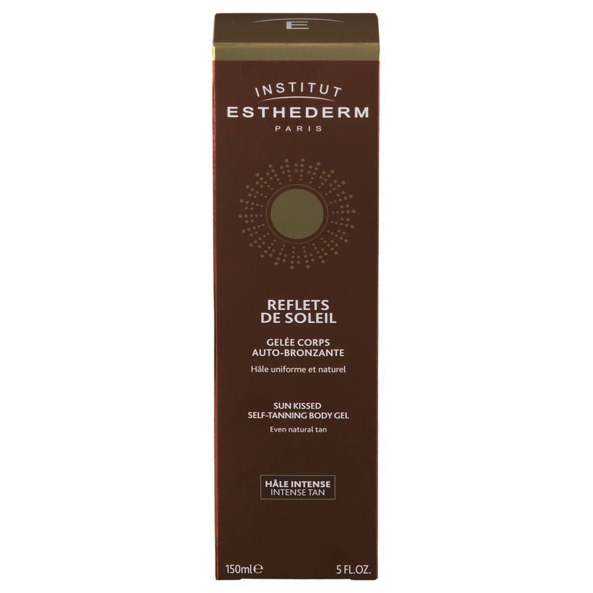 Verpakking van de zelfbruinende gel. Opschrift: INSTITUT ESTHEDERM, Reflets de Soleil, Gelée corps auto-bronzante, 150ml, 5 fl.oz.