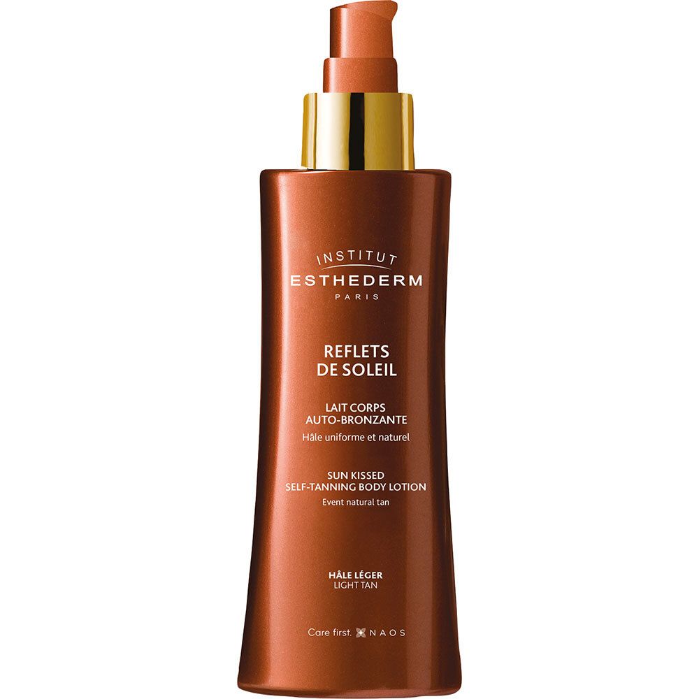 Flacon marron avec pompe dorée. Inscriptions: Institut Esthederm, Reflets de Soleil, Lait Corps Auto-Bronzant, Hâle léger.