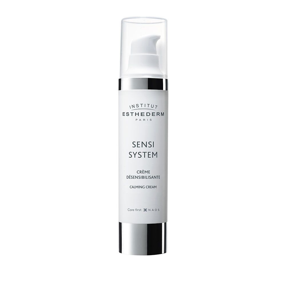 Witte fles met pomp. Opschrift: INSTITUT ESTHEDERM PARIS, SENSI SYSTEM, Crème Désensibilisante, Calming Cream.