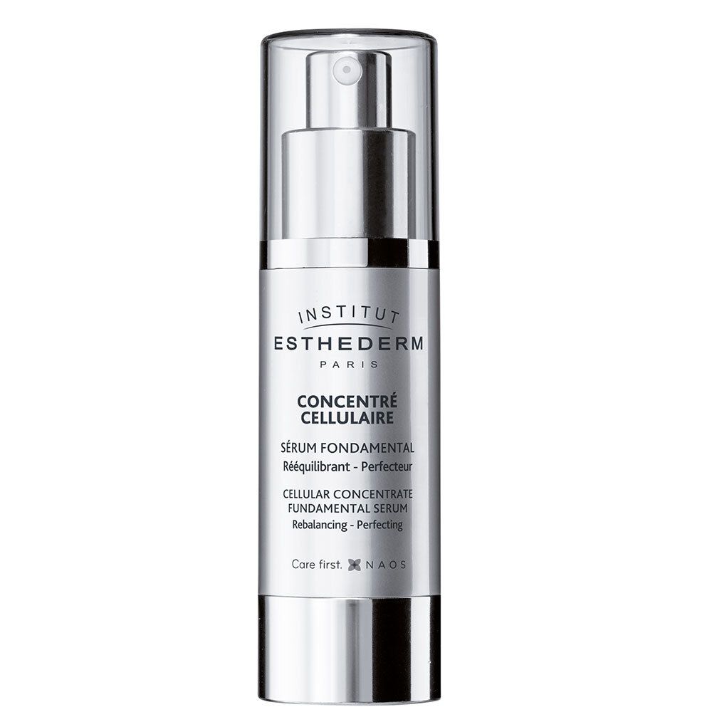 Zilveren fles met doseerpomp. Opschrift: Institut Esthederm, Concentré Cellulaire, Sérum Fondamental.
