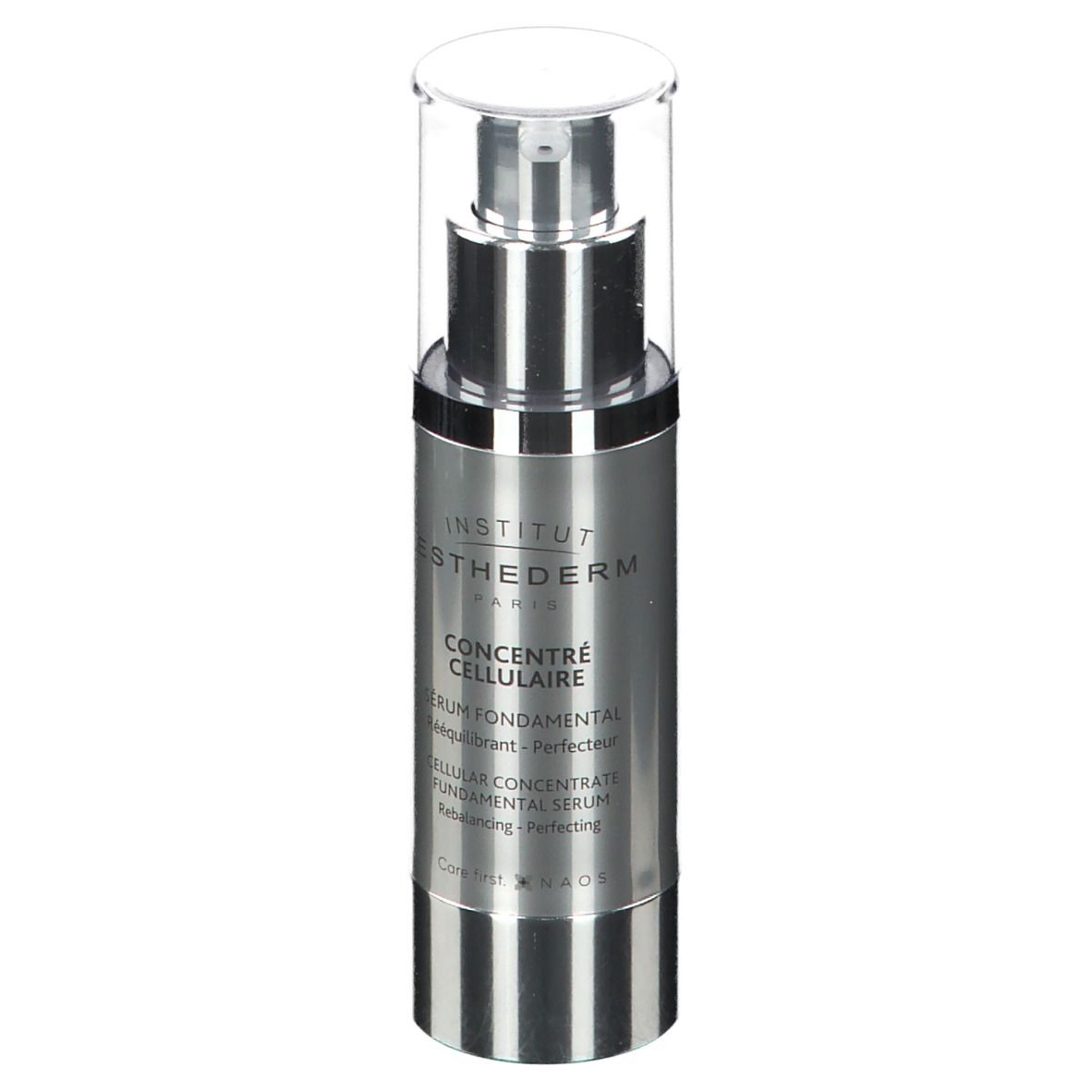 Cilindrische, zilverkleurige fles met doseerpomp. Opschrift: Institut Esthederm, Concentré Cellulaire, Sérum Fondamental.