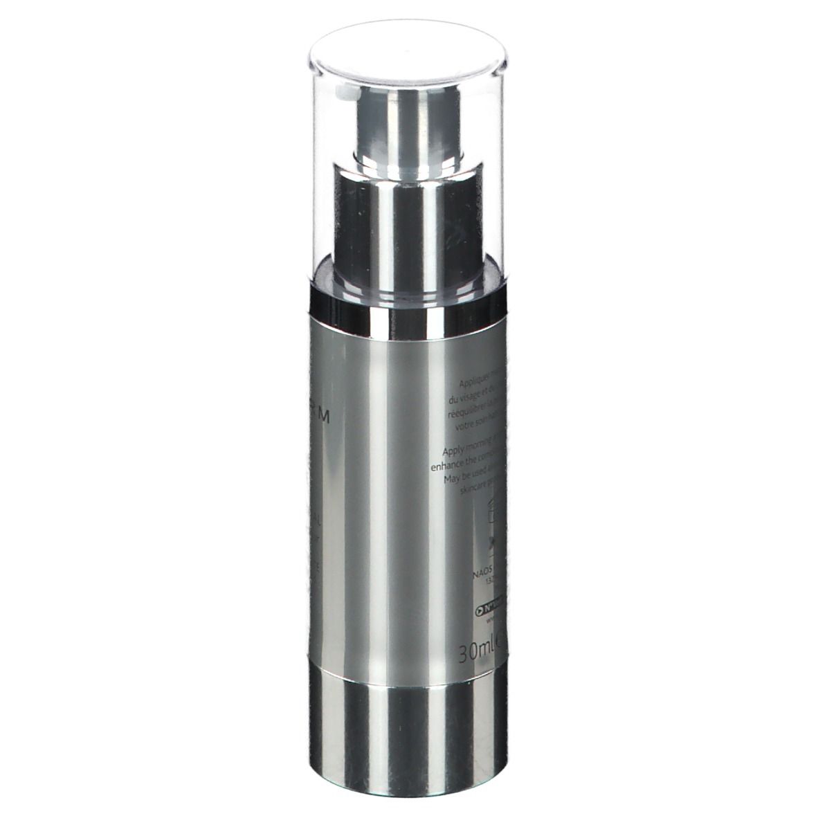 Cilindrische, zilverkleurige fles met doseerpomp. Tekst op achterkant. Opschrift: Institut Esthederm, 30ml.