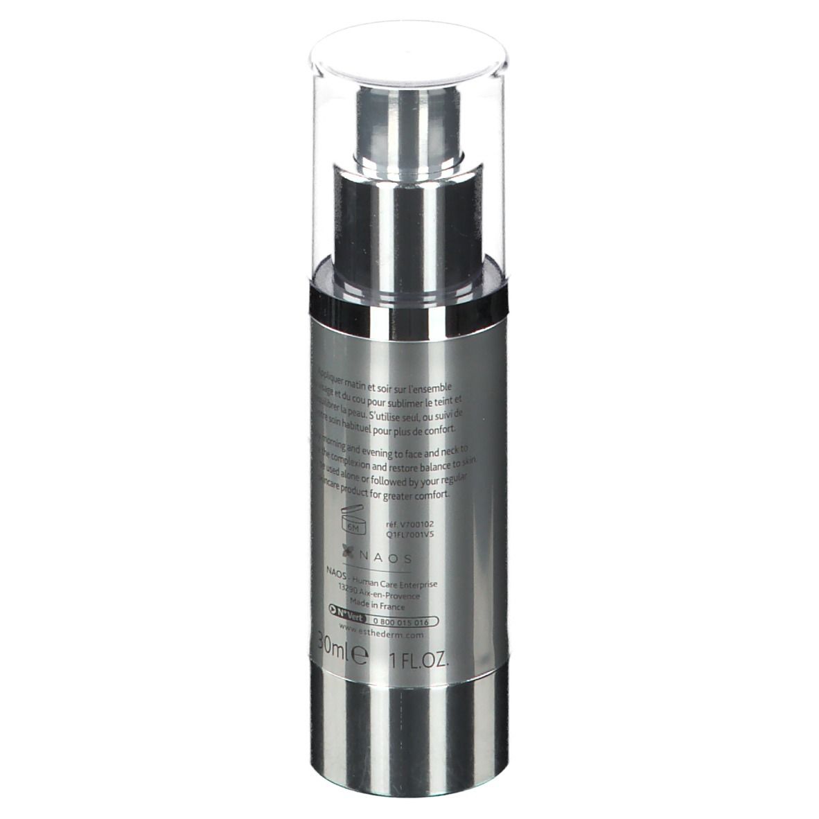 Cilindrische, zilverkleurige fles met doseerpomp. Tekst op achterkant. Opschrift: Institut Esthederm, 30ml, 1 FL.OZ.