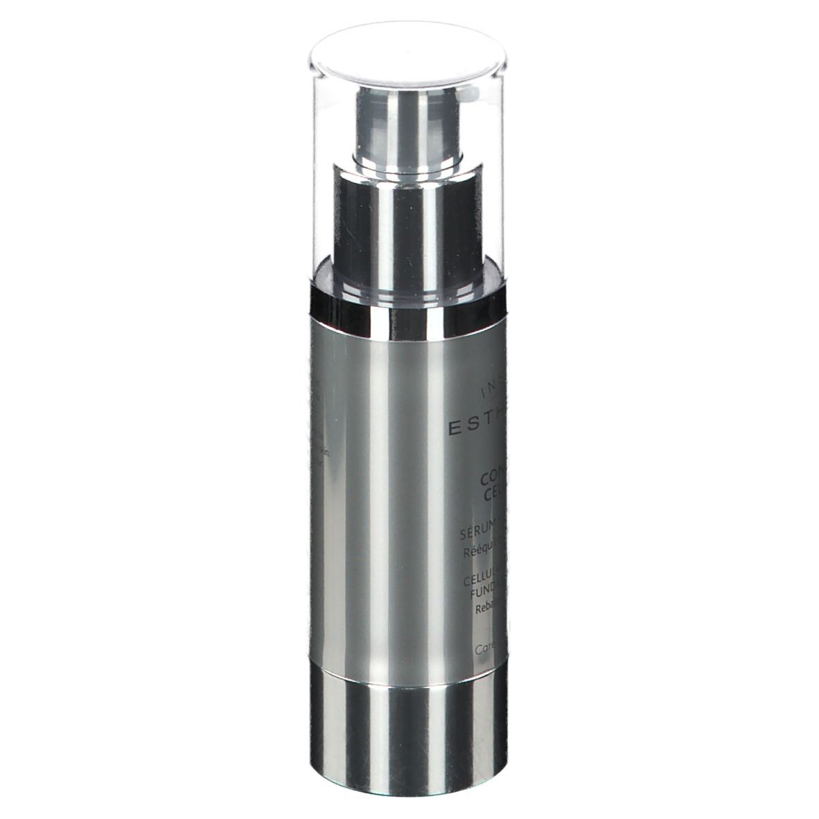 Cilindrische, zilverkleurige fles met doseerpomp. Opschrift: Institut Esthederm, Concentré Cellulaire, Sérum Fondamental.