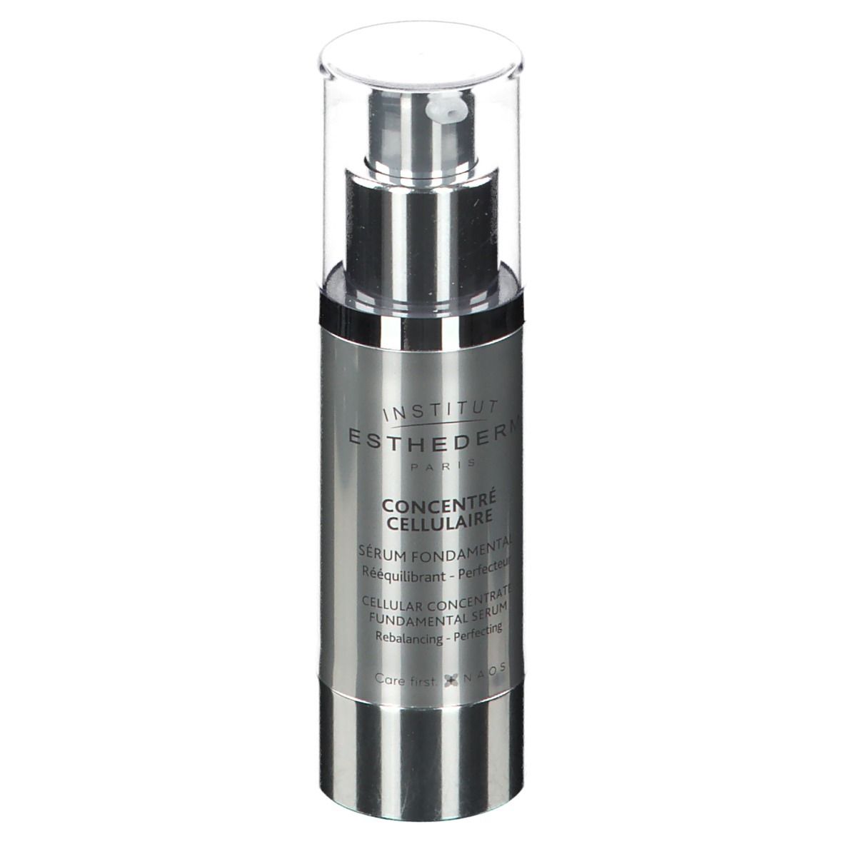 Cilindrische, zilverkleurige fles met doseerpomp. Opschrift: Institut Esthederm, Concentré Cellulaire, Sérum Fondamental.
