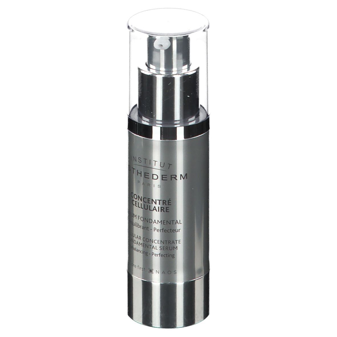 Cilindrische, zilverkleurige fles met doseerpomp. Opschrift: Institut Esthederm, Concentré Cellulaire, Sérum Fondamental.