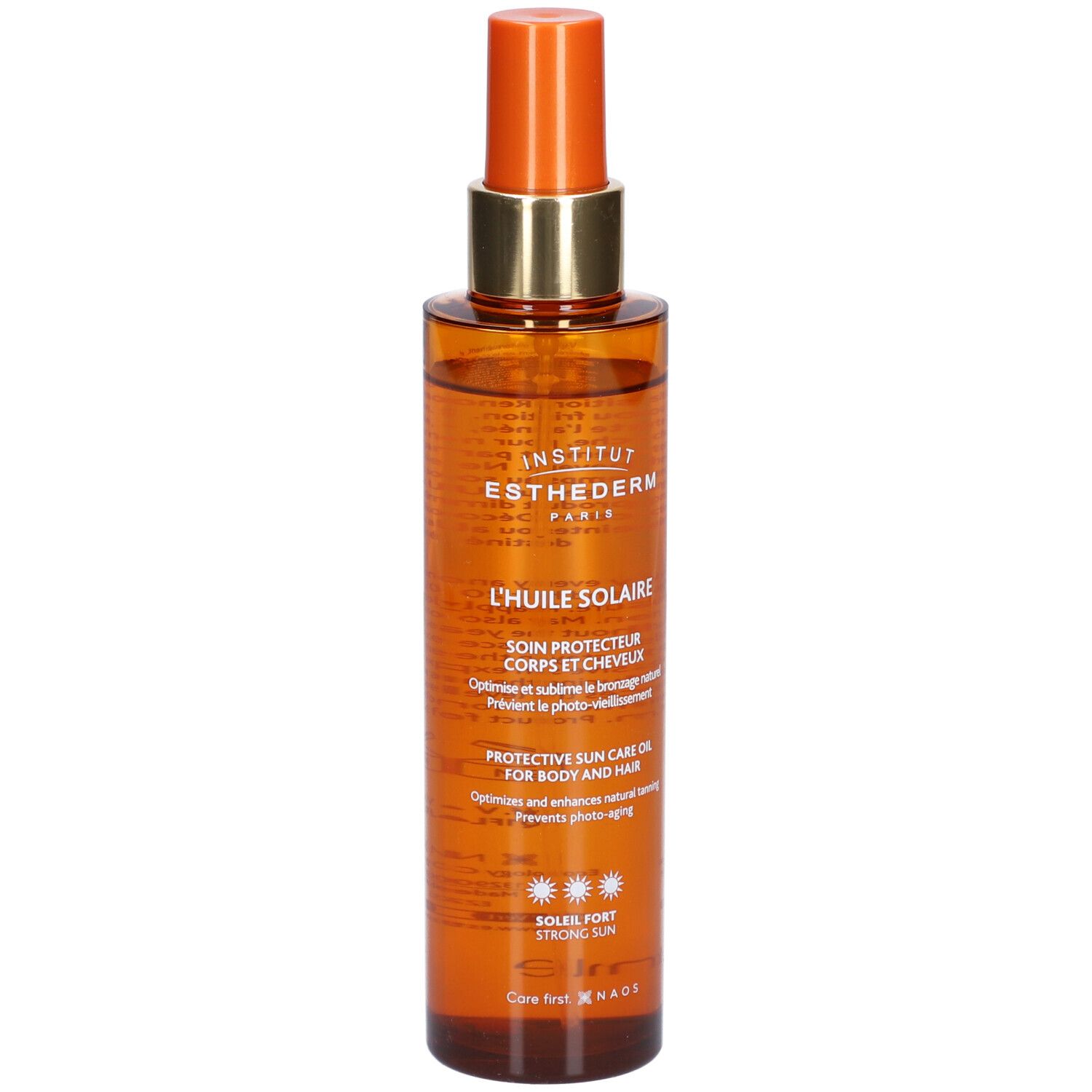 Flacone spray marrone con collare dorato e erogatore arancione. Scritte: Institut Esthederm, L'Huile Solaire, Protective Sun Care Oil.