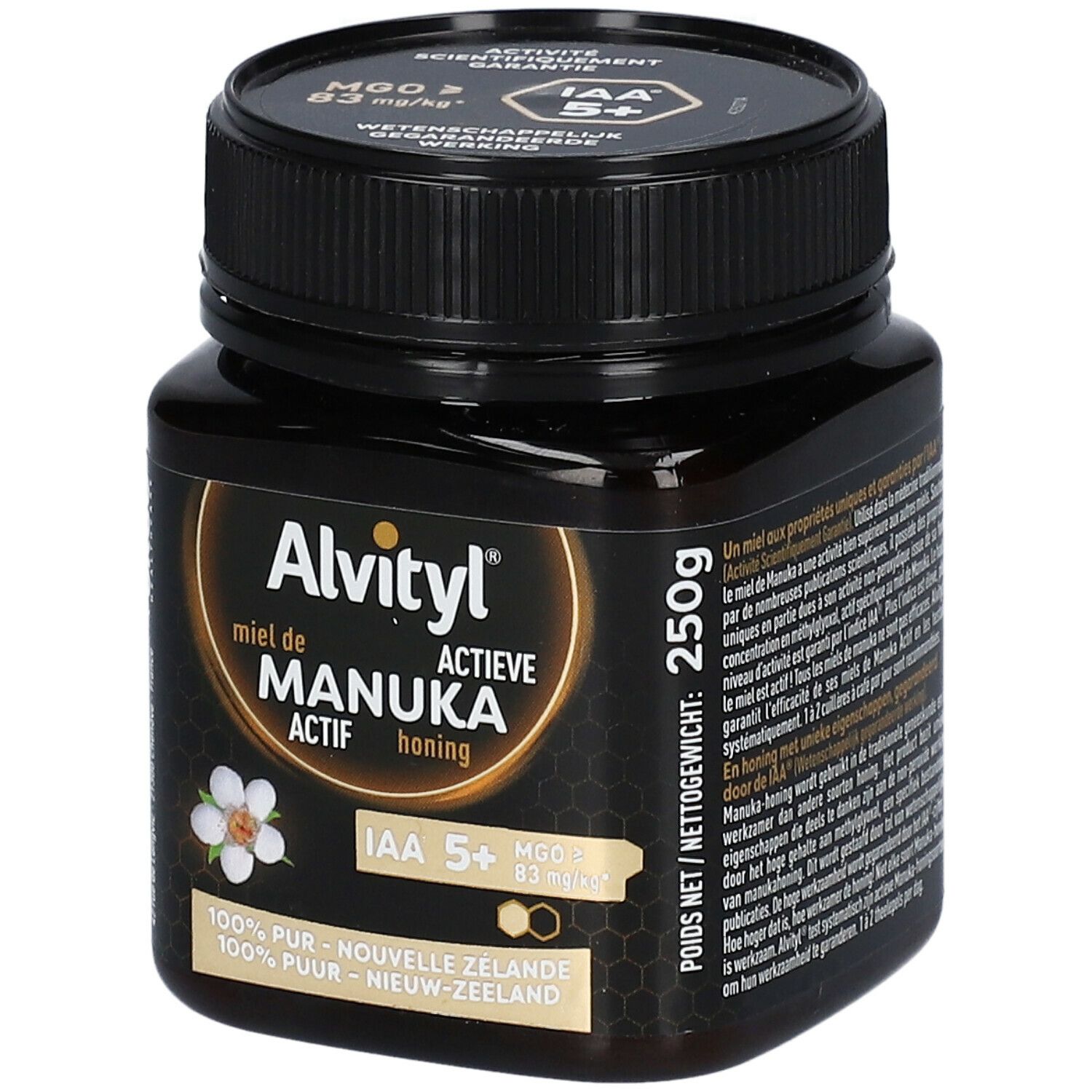 Pot de miel brun avec couvercle noir. Inscription : Alvityl, Miel de Manuka Actif, IAA 5+. 250g.