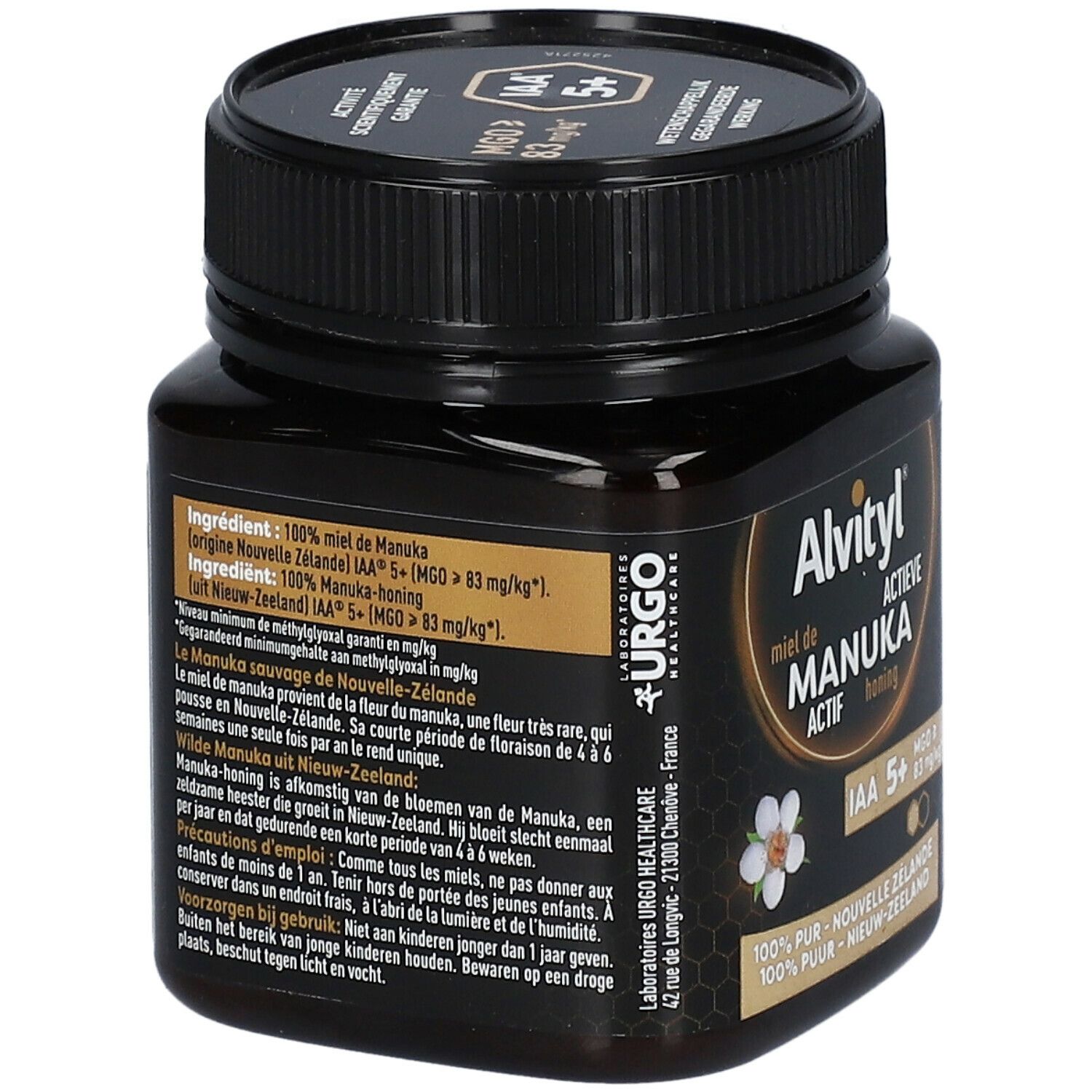 Dos du pot de miel. Inscription : 100% miel de Manuka. Ingrédients, mode d'emploi, QR code. Marque : Urgo Healthcare.