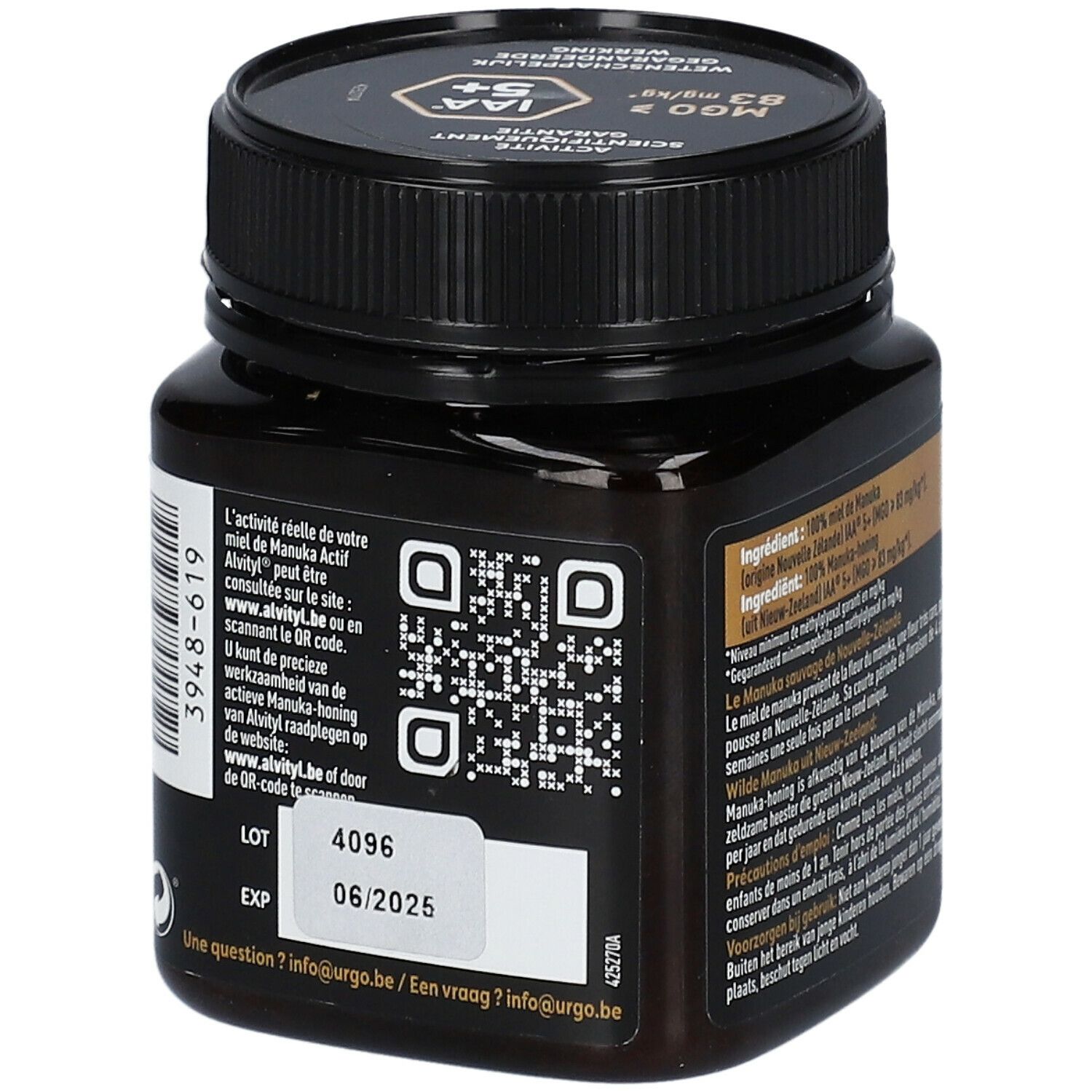 Dos du pot de miel. Code QR, numéro de lot, date de péremption 06/2025. Marque : Urgo Healthcare.