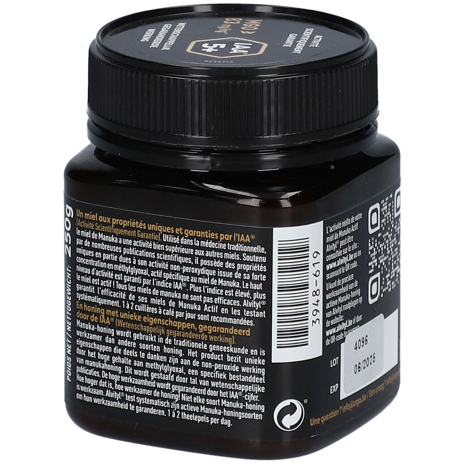 Dos du pot de miel. Texte sur les propriétés du miel de Manuka. Code QR. Marque : Urgo Healthcare.