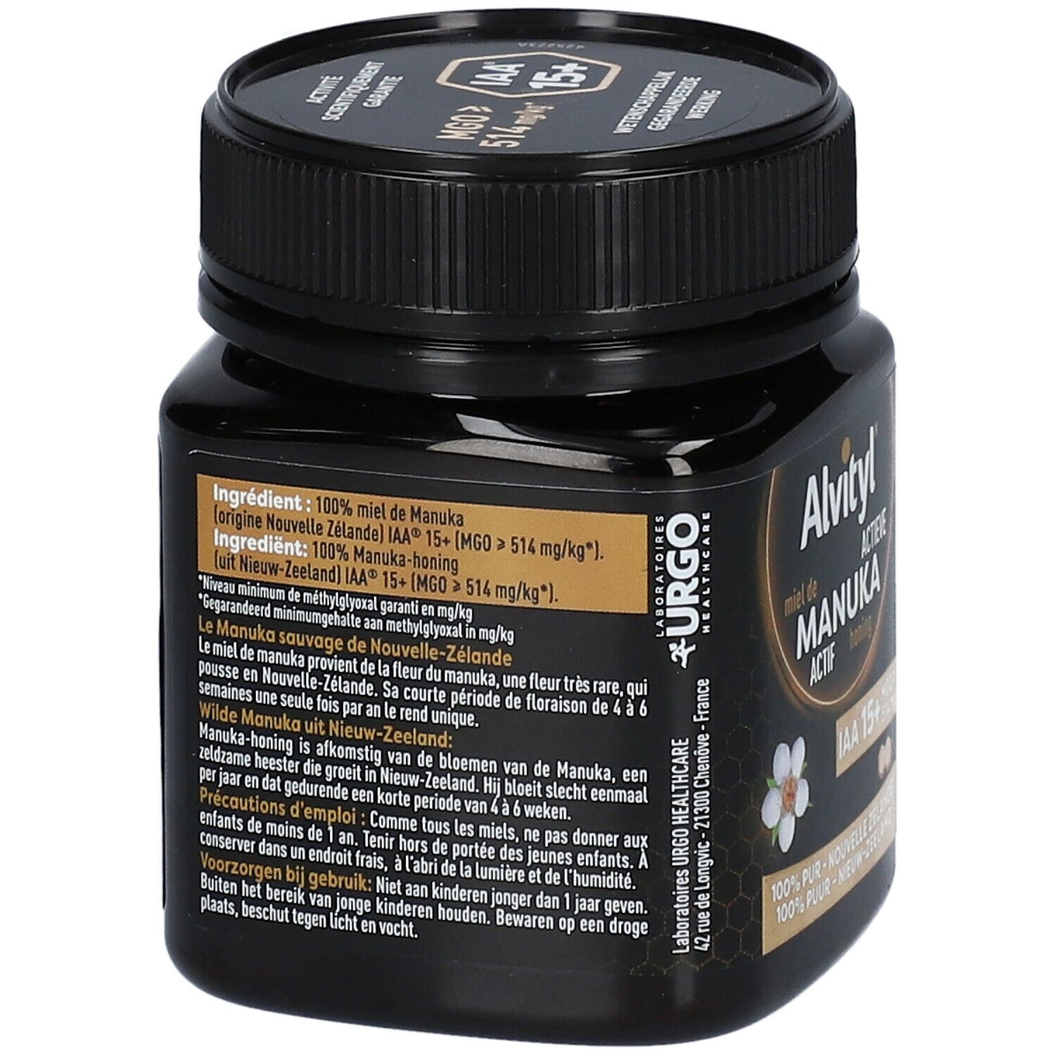 Dos du pot noir de miel Alvityl Manuka Actif. Texte multilingue. Couvercle noir.