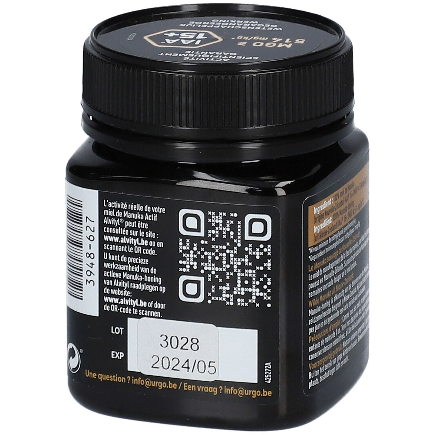 Dos du pot noir de miel Alvityl Manuka Actif. Code QR, date de péremption 2024/05. Couvercle noir.