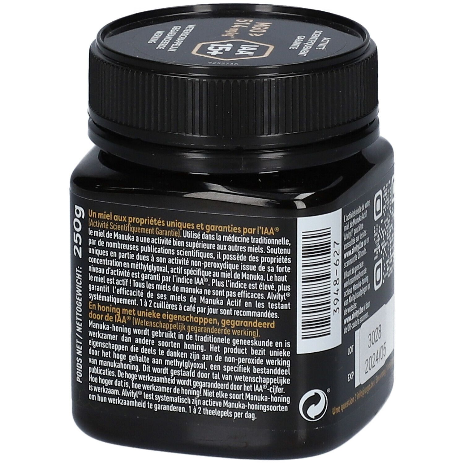 Dos du pot noir de miel Alvityl Manuka Actif. Texte multilingue. Couvercle noir.