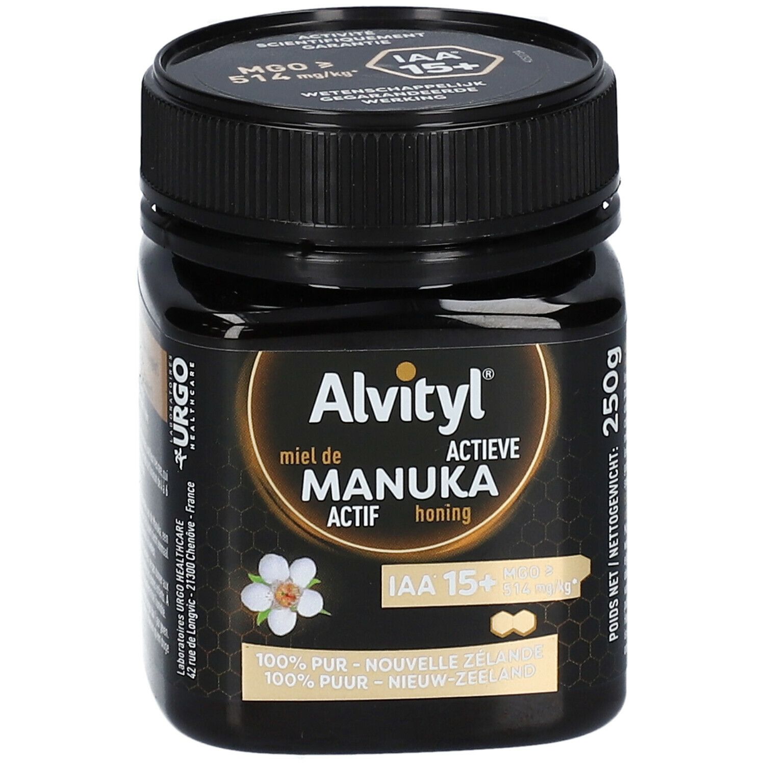 Pot noir de miel Alvityl Manuka Actif. Inscription: Actieve Honing, IAA 15+. 250g. Couvercle noir.