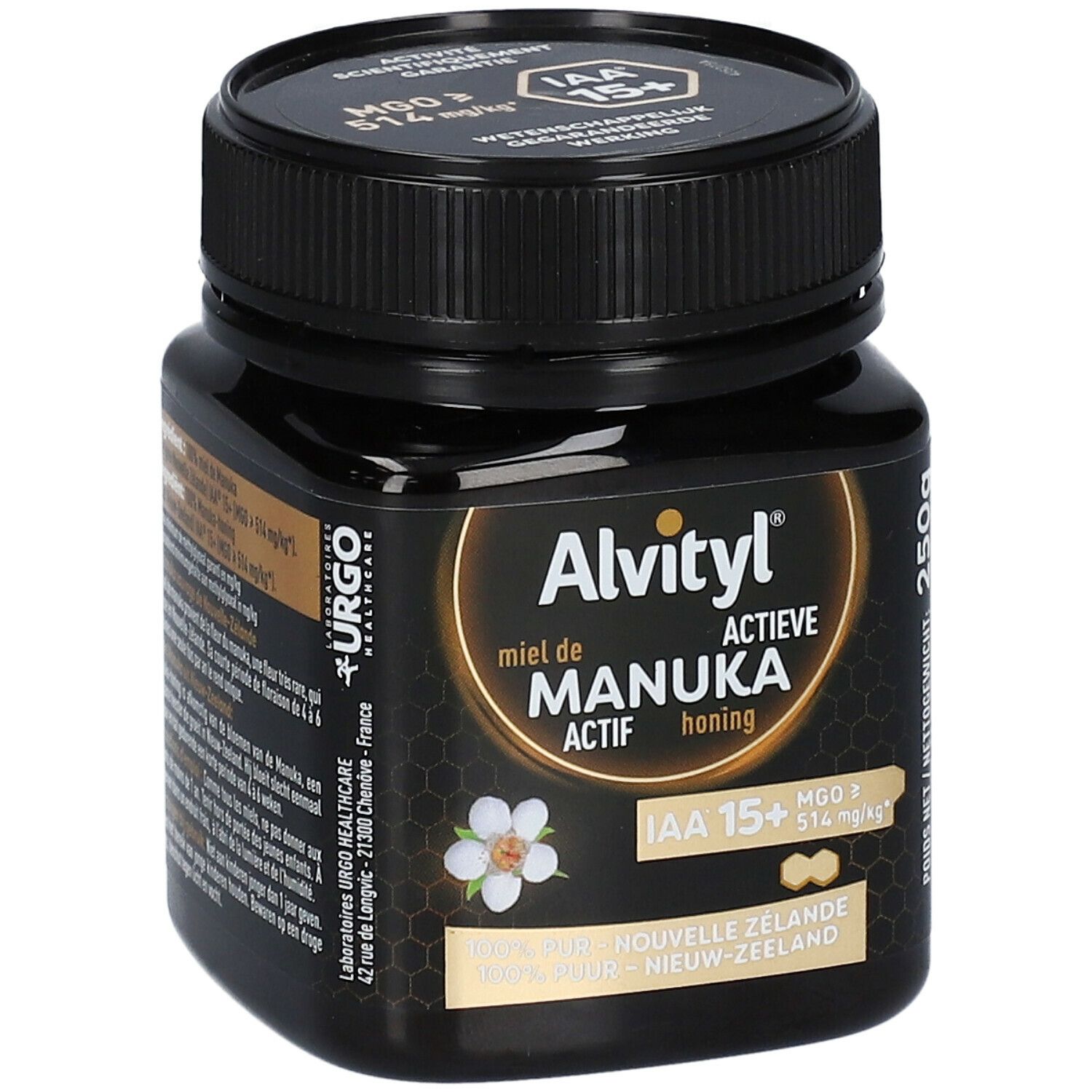 Pot noir de miel Alvityl Manuka Actif. Inscription: Actieve Honing, IAA 15+. 250g. Couvercle noir.