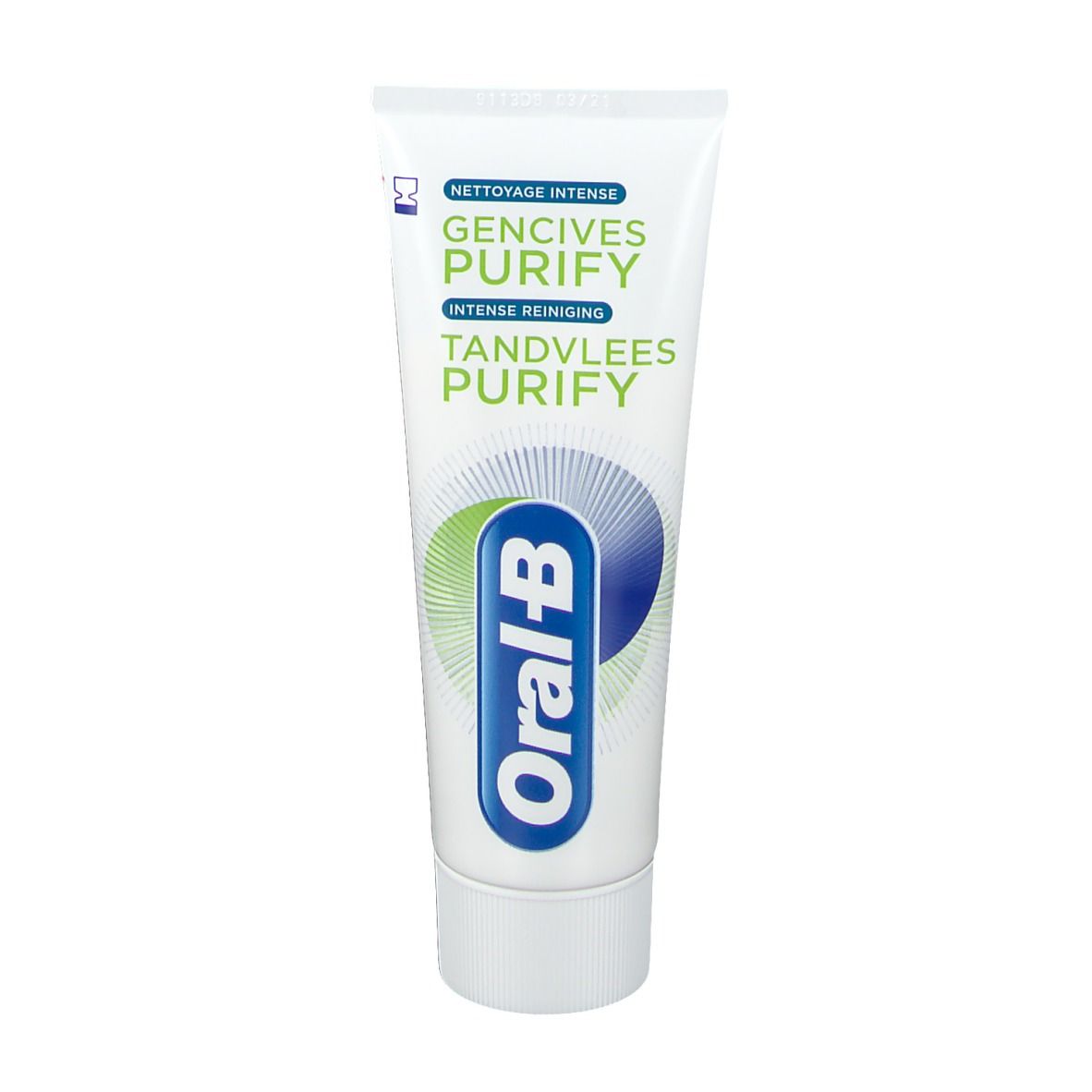 Tube de dentifrice blanc avec accents verts et bleus. Inscription : Gencives Purify, Oral-B.