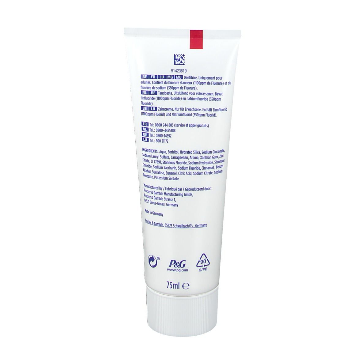 Dos d'un tube de dentifrice blanc. Texte multilingue, ingrédients, informations fabricant.