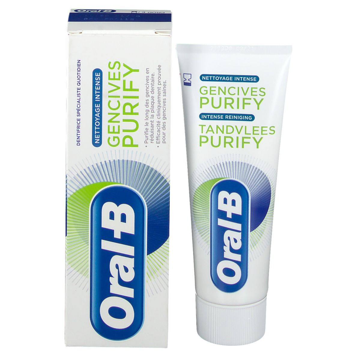 Tube et boîte de dentifrice. Tube : blanc, accents verts et bleus, Oral-B. Boîte : blanc, vert et bleu, Oral-B.