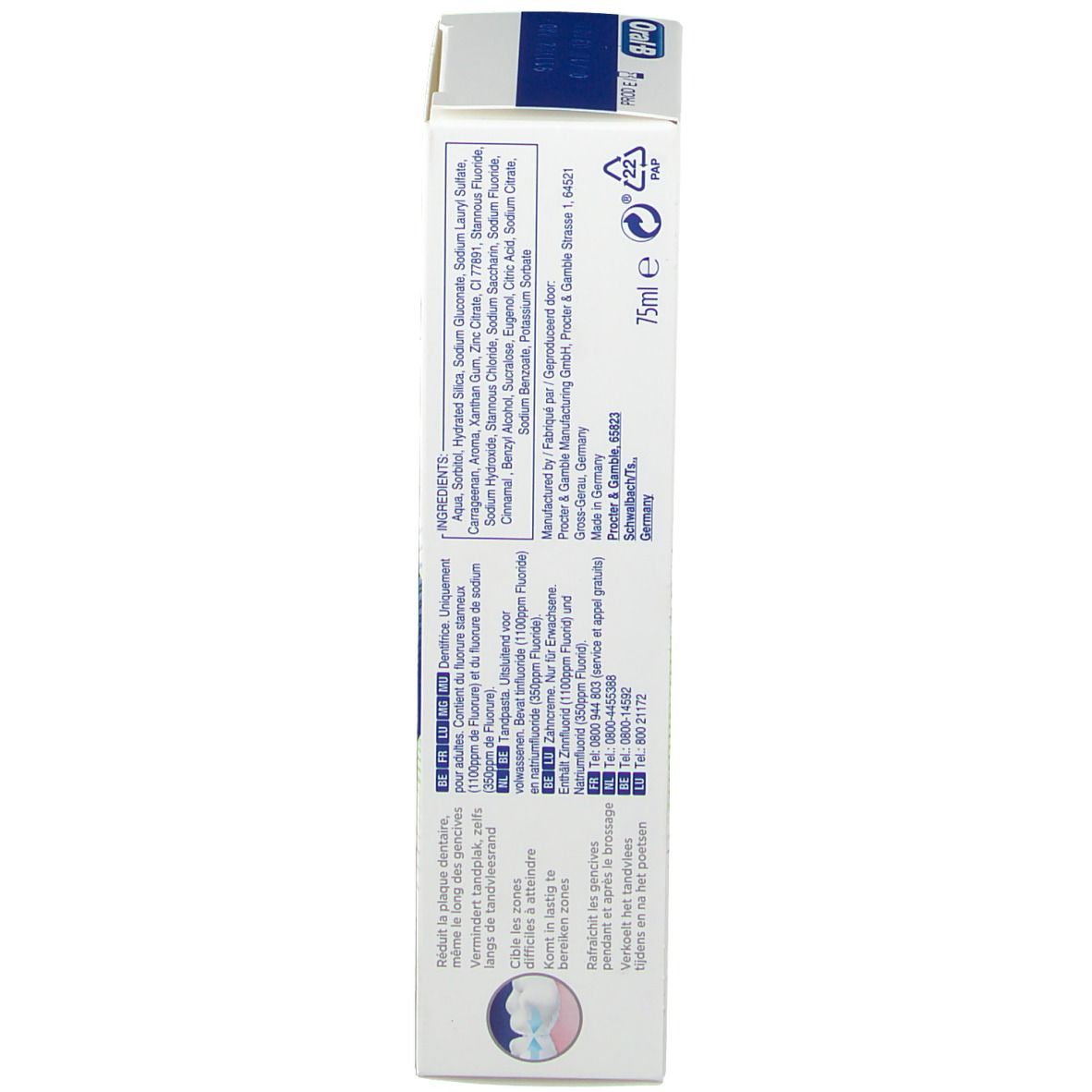 Boîte, blanche, avec texte et ingrédients. Texte multilingue, informations fabricant.