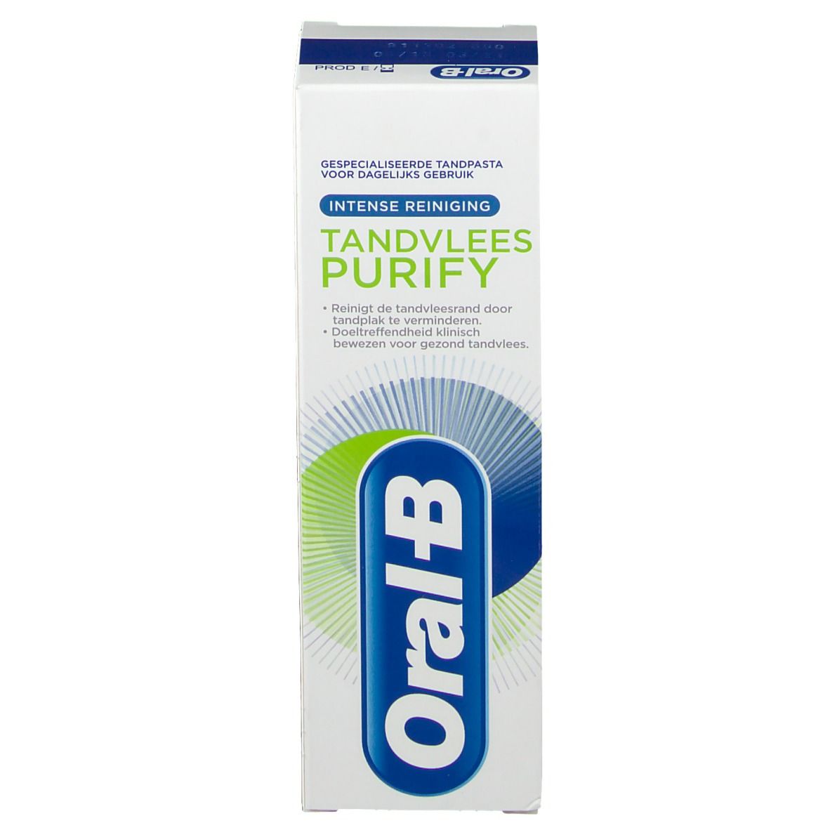 Boîte, blanche, avec design vert et bleu. Inscription : Gencives Purify, Oral-B.
