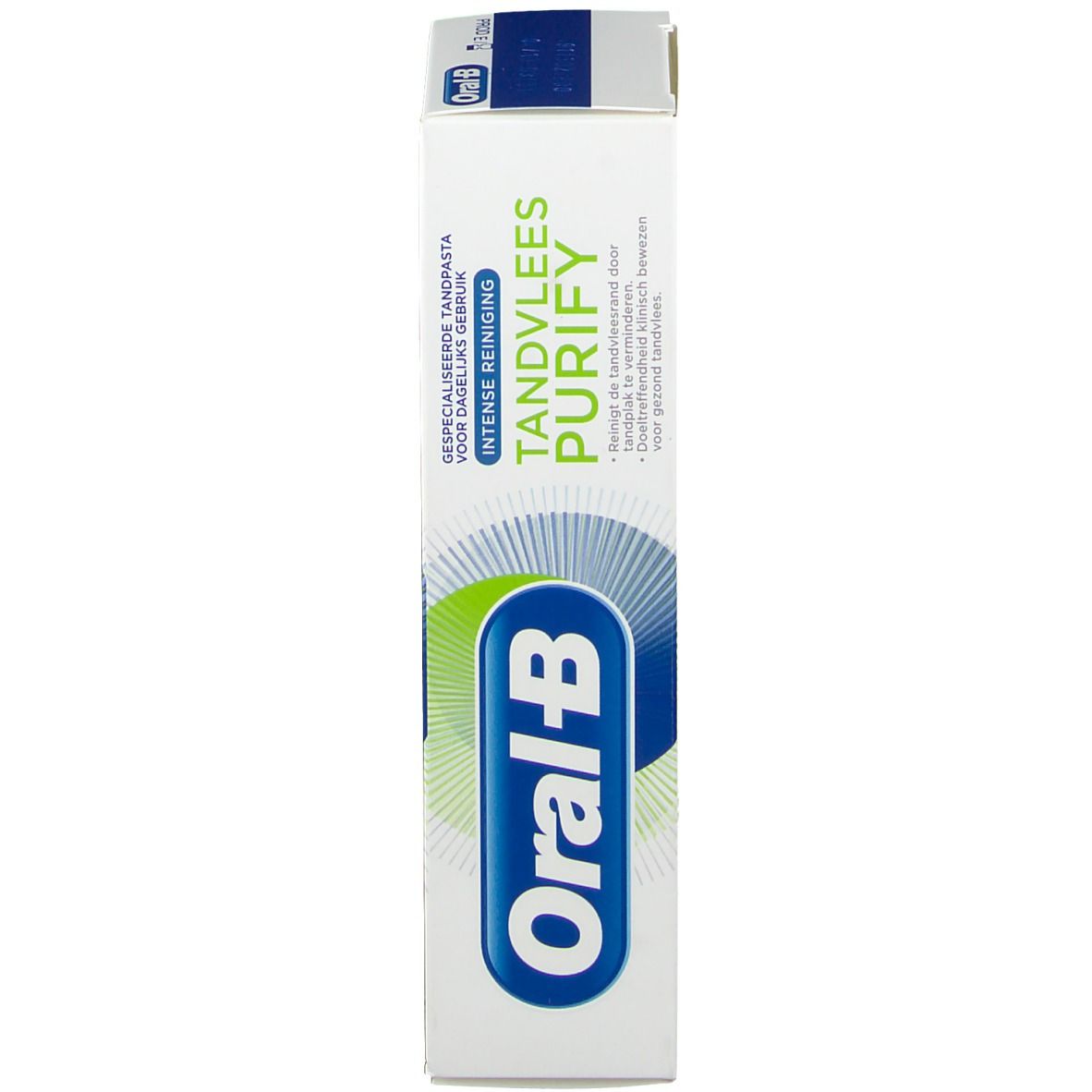 Boîte, blanche, avec design vert et bleu. Inscription : Gencives Purify, Oral-B.
