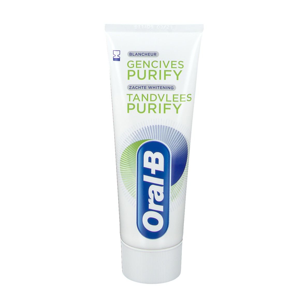 Tube de dentifrice avec bouchon blanc. Inscriptions : Gencives Purify, Zachte Whitening, Tandvlees Purify. Logo Oral-B.