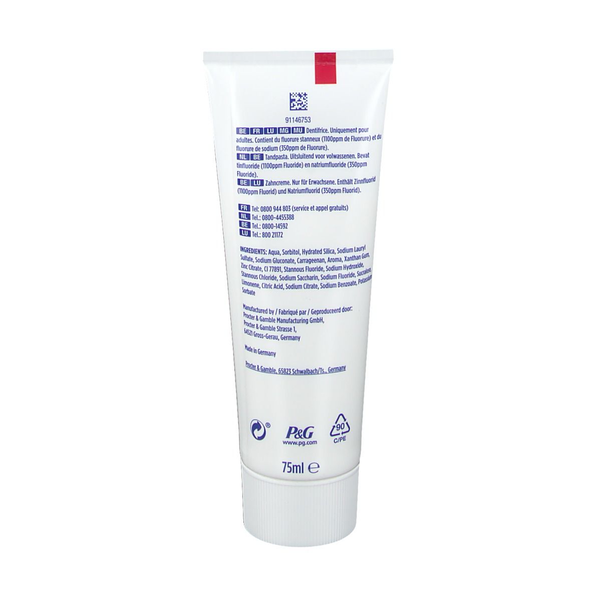Dos du tube de dentifrice. Texte multilingue. Ingrédients et informations fabricant. 75ml.