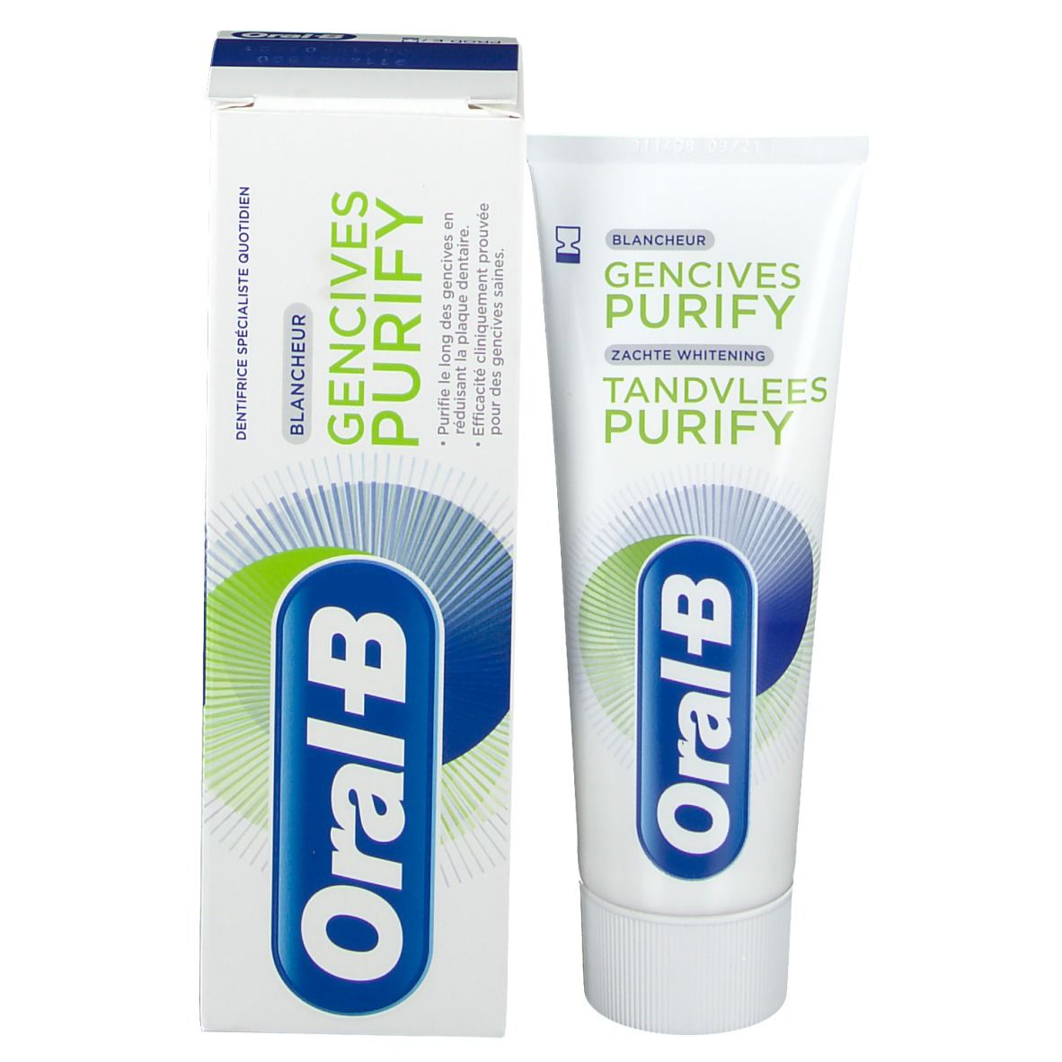 Tube de dentifrice et boîte. Inscriptions : Gencives Purify, Blanches, logo Oral-B. Boîte avec design vert et bleu.
