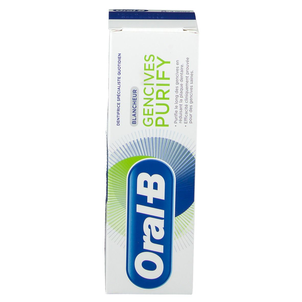 Boîte avec inscriptions : Gencives Purify, Blanches, logo Oral-B. Design vert et bleu.