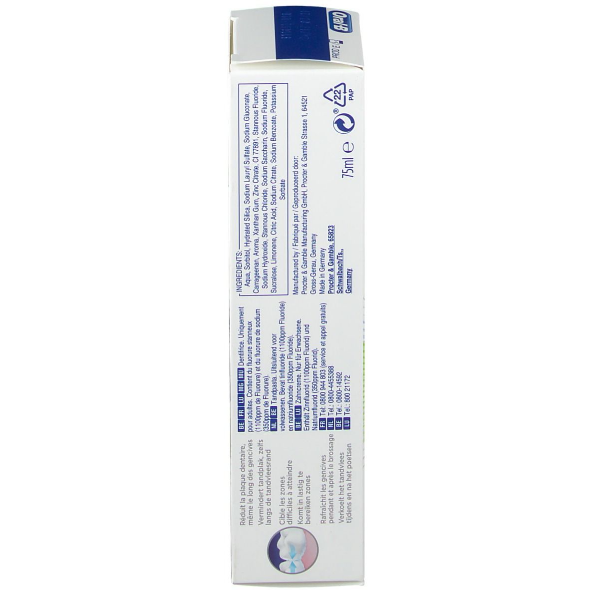 Boîte, dos. Texte multilingue. Ingrédients et informations fabricant. 75ml.