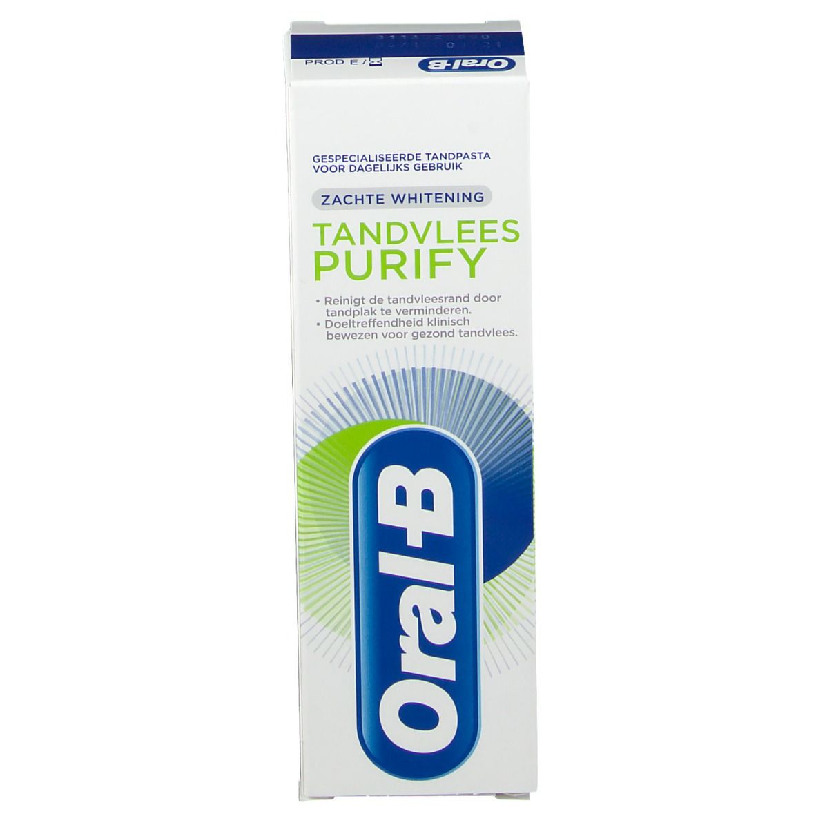Boîte avec inscriptions : Tandvlees Purify, Zachte Whitening, logo Oral-B. Design vert et bleu.