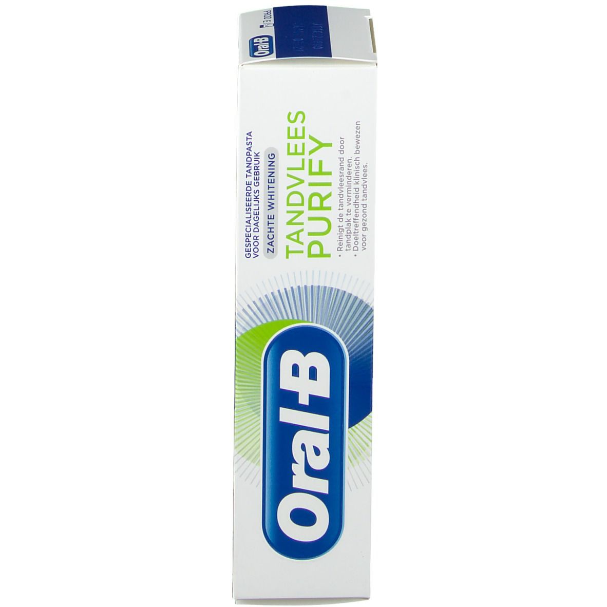 Boîte avec inscriptions : Tandvlees Purify, Zachte Whitening, logo Oral-B. Design vert et bleu.