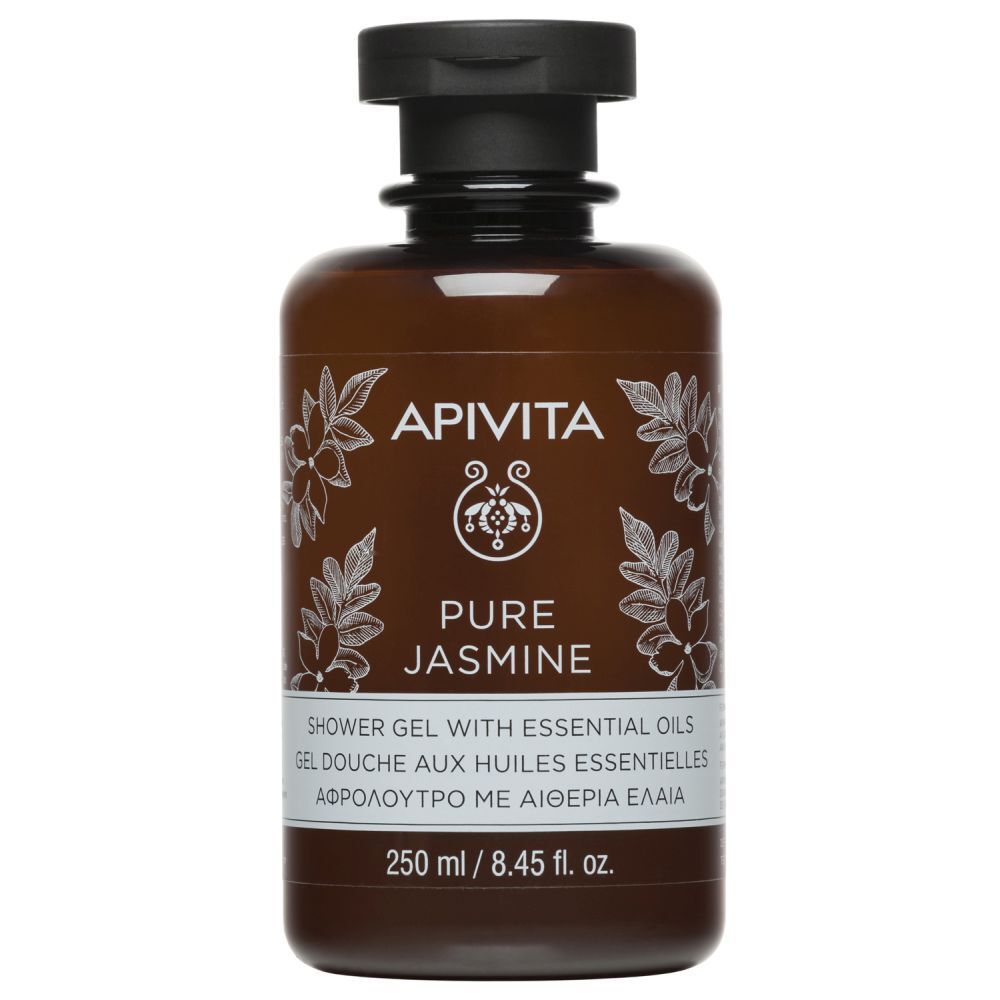 Flacon marron, bouchon noir. Inscription: APIVITA PURE JASMINE Gel douche. 250 ml.